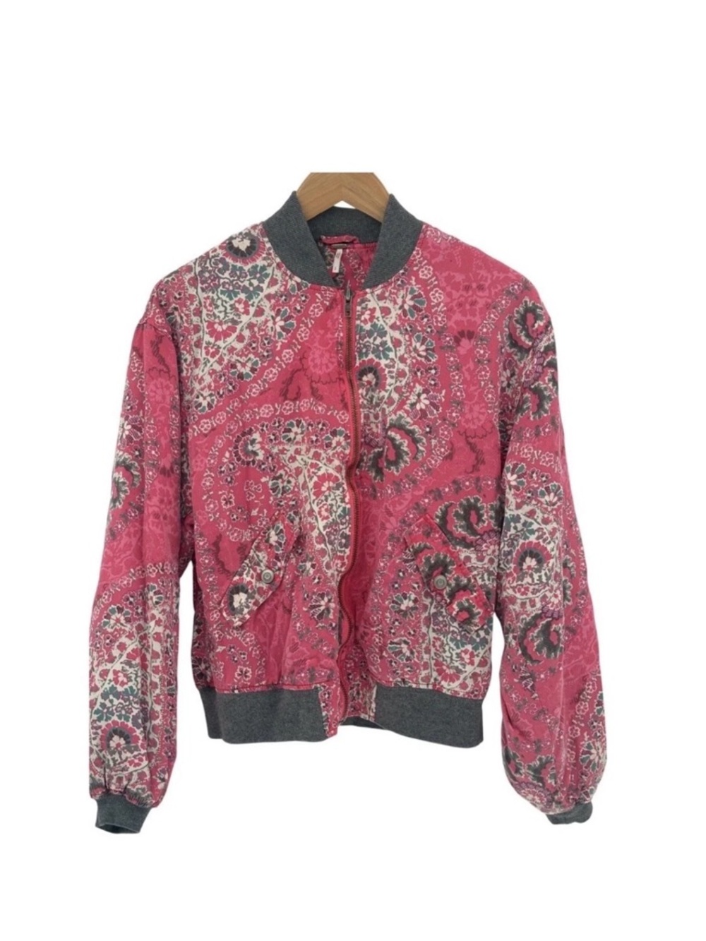 Free People Rose Paisley Bomber Jacket with Gray Trim